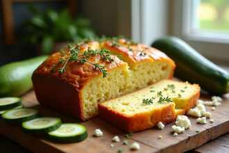 Gâteau courgette et chèvre frais sur table rustique