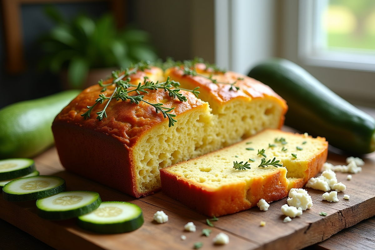 Gâteau courgette et chèvre frais sur table rustique
