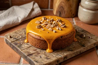 Gâteau à la patate douce vegan posé sur une planche en bois rustique avec un glaçage orange et des noix concassées