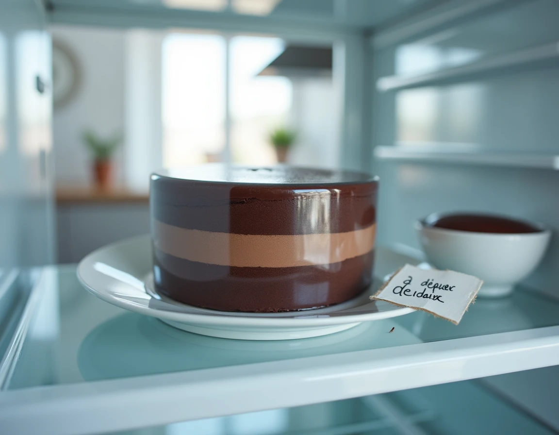 Gâteau aux trois chocolats conservé au réfrigérateur la veille de la dégustation, entouré d'un collier en acétate sur une assiette blanche