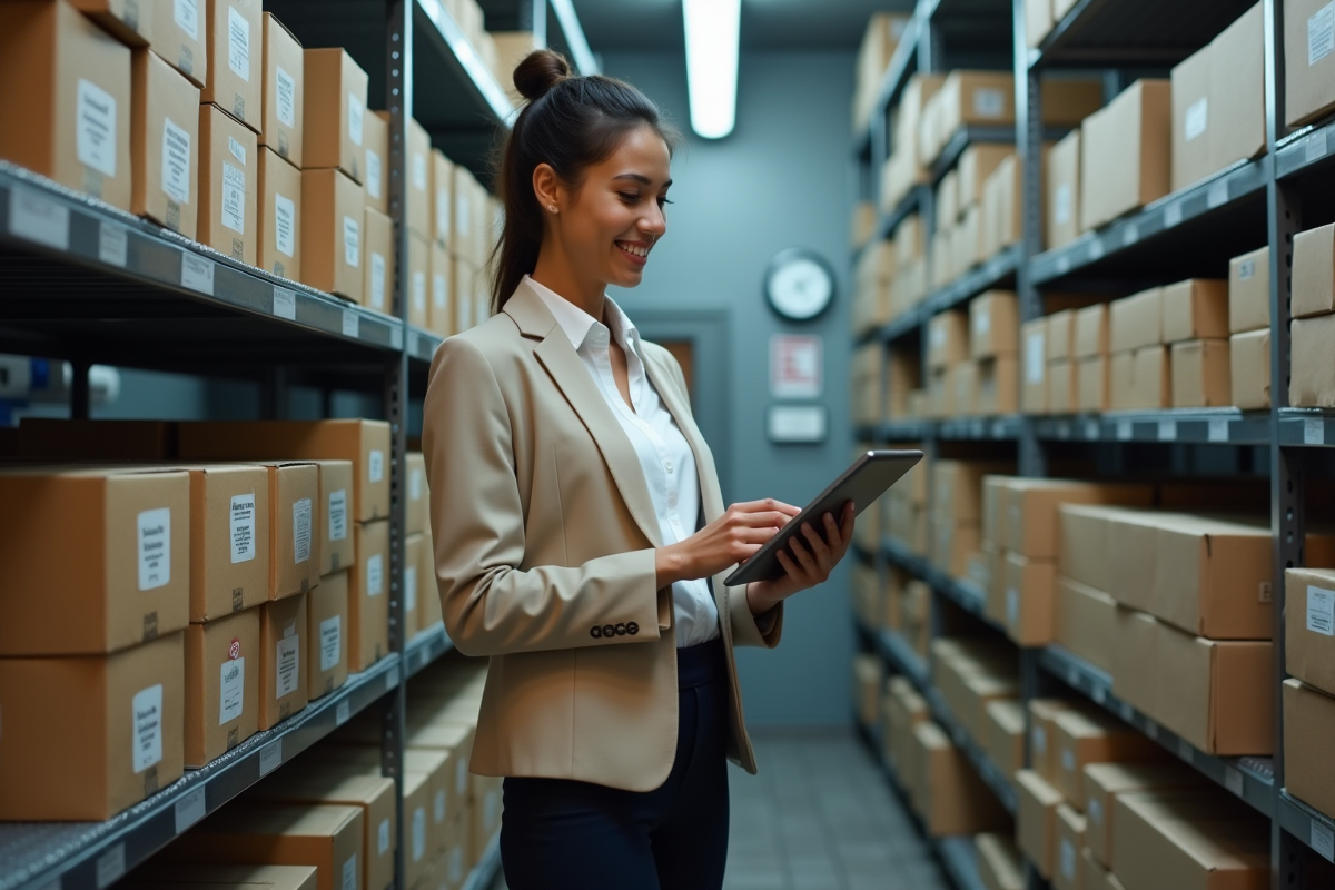 Jeune femme inspectant un stockage froid avec tablette