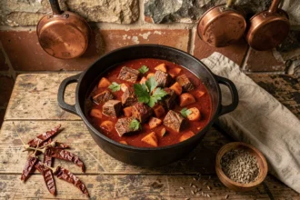 Goulash hongrois traditionnel mijotant dans une cocotte en fonte sur une table en bois rustique, garni de persil frais et de paprika