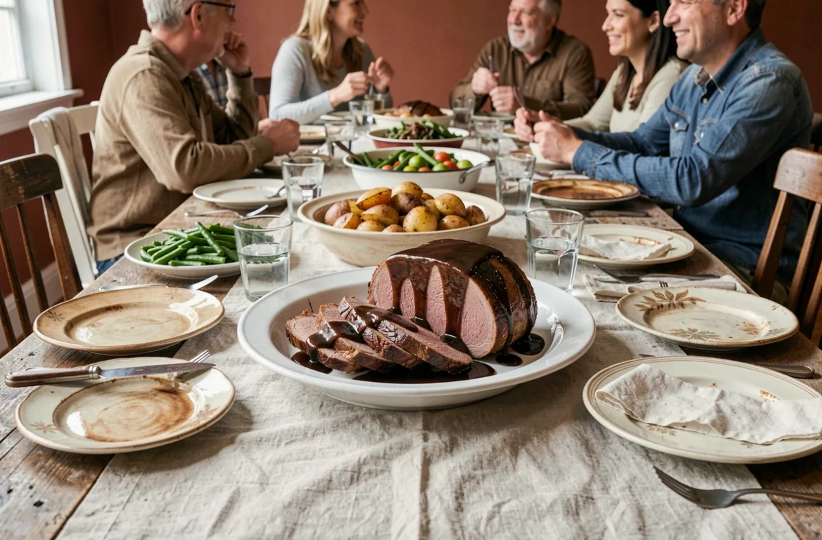 Grande tablée familiale avec rôti de porc tranché au fond de veau servi sur plat ovale blanc