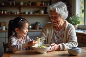 Grand-mère souriante servant une soupe de vermicelli à sa petite fille