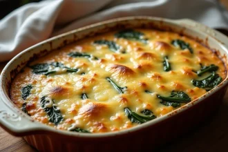 Gratin de côtes de blettes maison dans un plat en céramique rustique avec croûte dorée et fondante