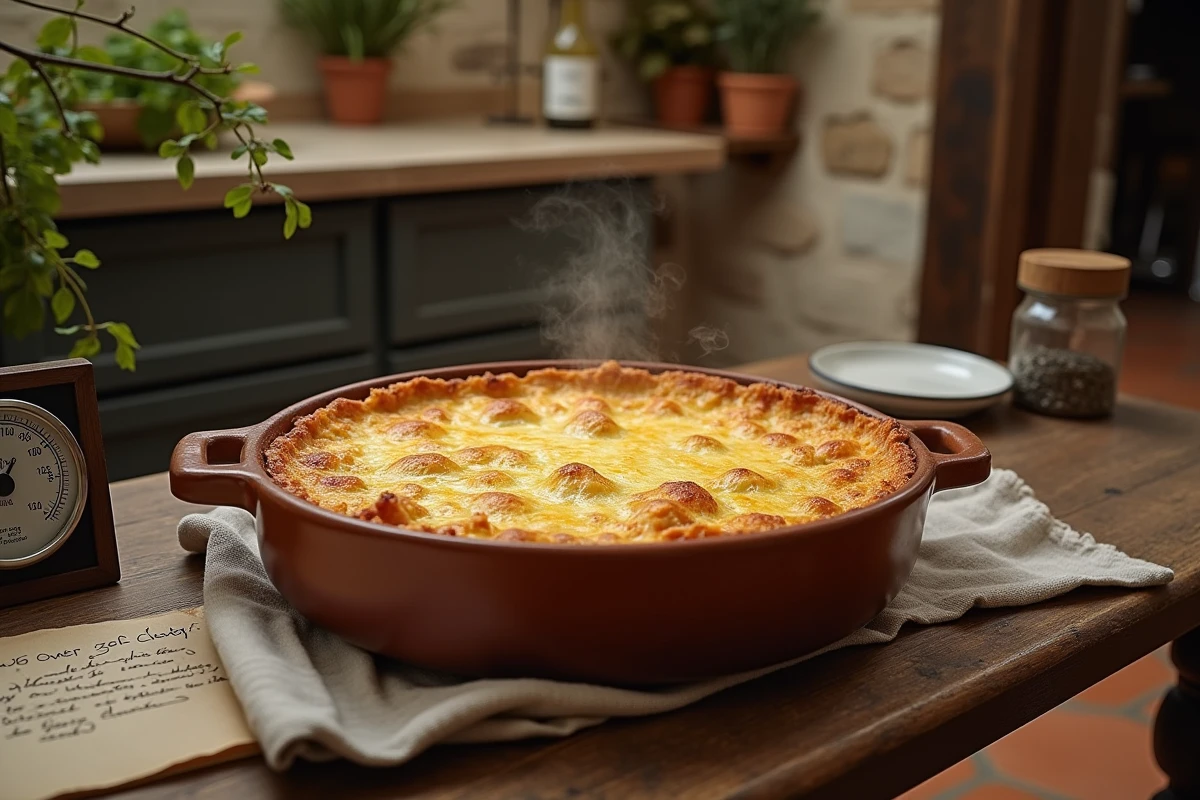 Gratin doré sorti du four à 180 degrés sur une table de cuisine rustique avec thermomètre