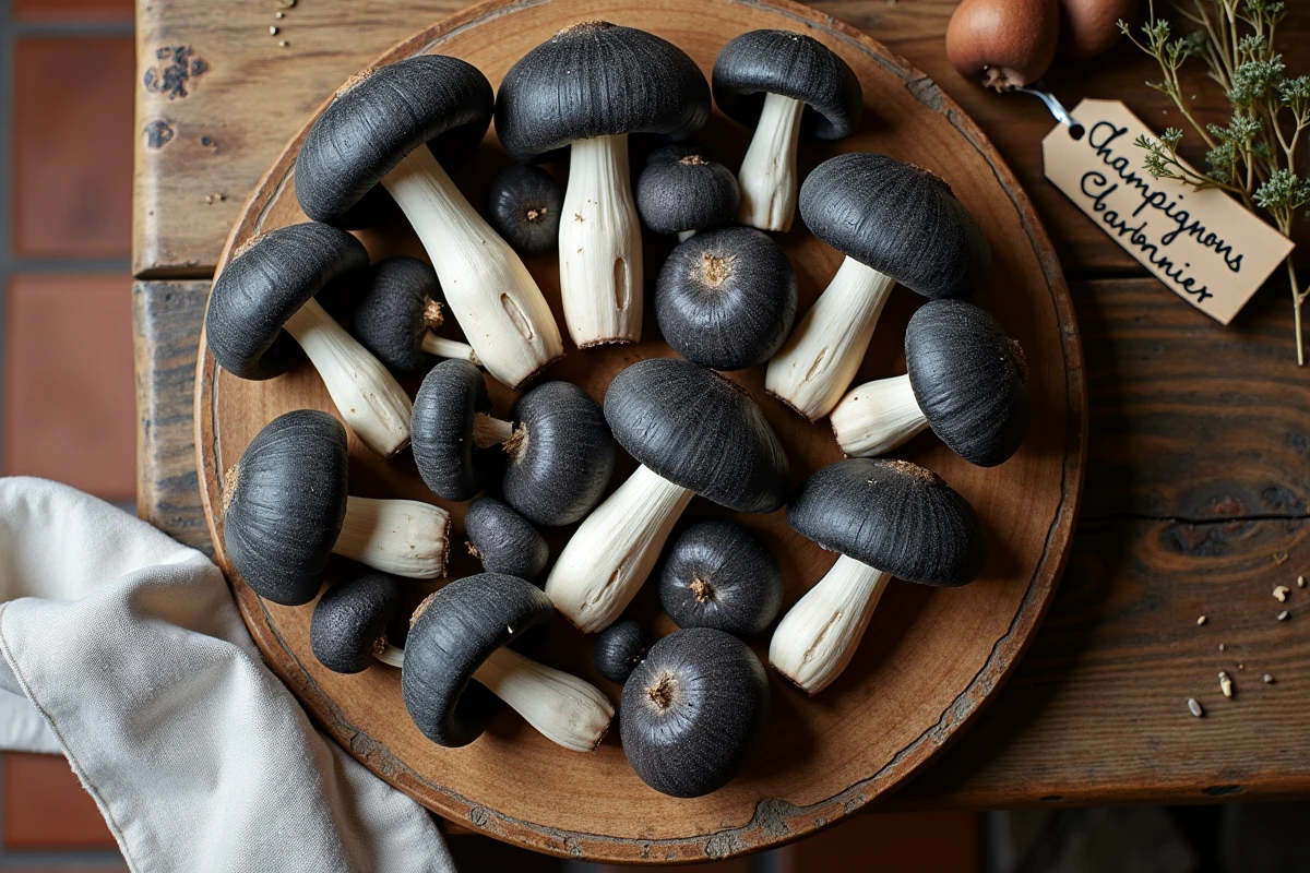 Gros plan de champignons charbonniers frais disposés sur une table en bois rustique avec étiquette artisanale pour la vente directe