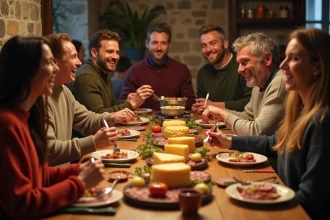 Groupe d'amis en hiver préparant une raclette chaleureuse