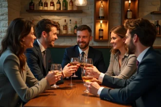 Groupe d'amis trinquant avec du whisky dans un lounge chic