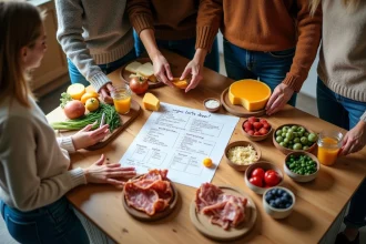 Groupe de personnes autour d'une cuisine avec liste d'achats