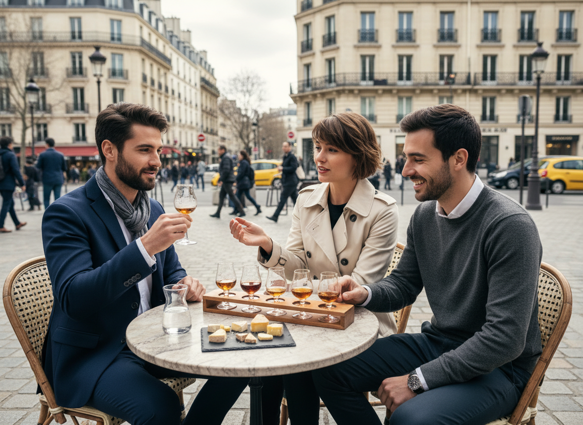 Groupe de jeunes dégustant des spiritueux en terrasse parisienne