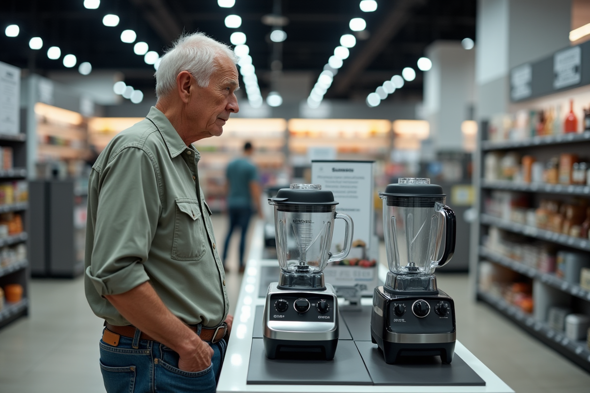 Homme âgé examinant deux blenders en magasin d’électroménager