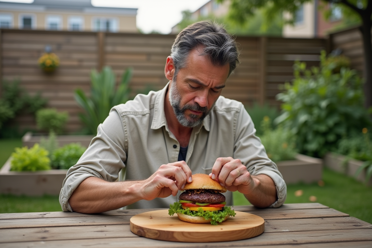 Homme assemble un burger végétarien dans un jardin urbain