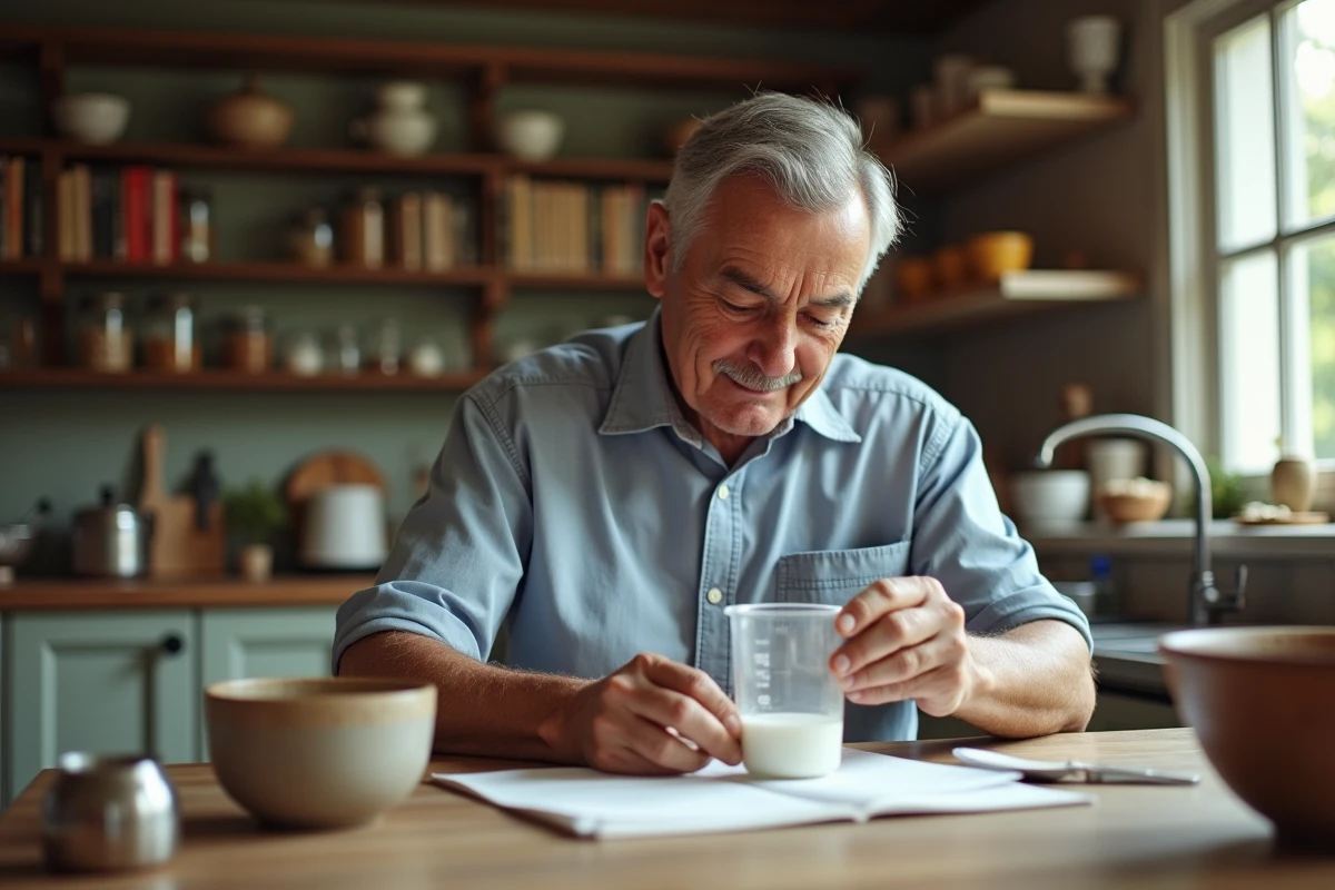Homme âgé préparant une recette dans une cuisine rustique
