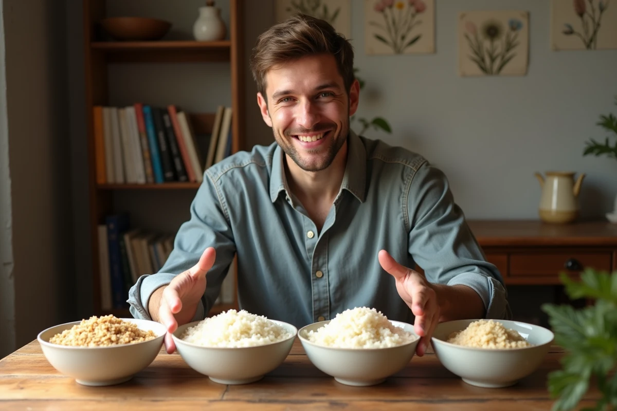Jeune homme disposant des bols de riz dans une salle à manger chaleureuse