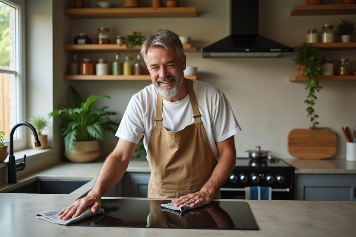 Homme essuyant une plaque de cuisson en céramique avec un chiffon réutilisable