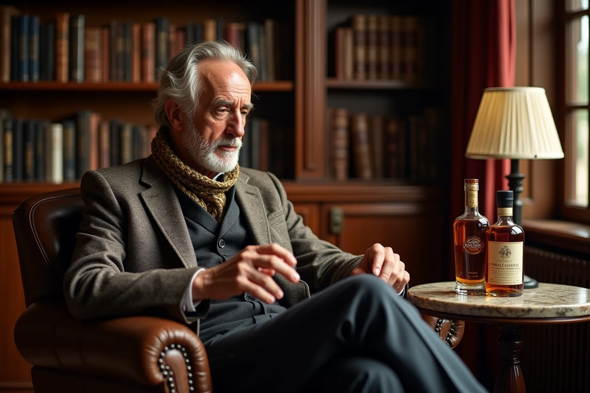 Homme contemplant des bouteilles de whisky dans une bibliothèque élégante