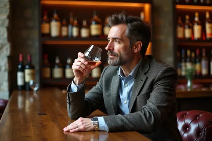 Homme français dégustant un whisky dans un salon élégant