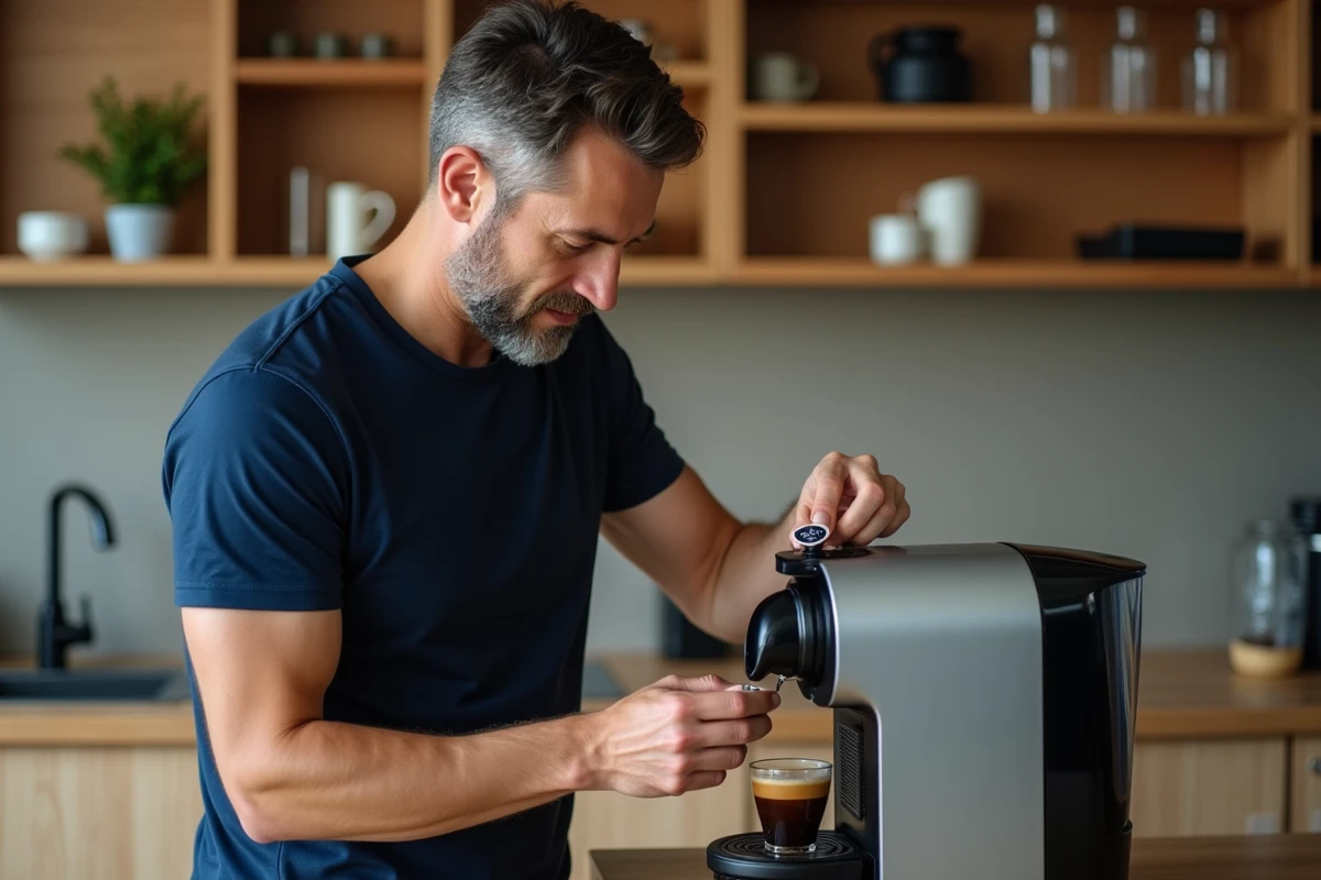 Homme insérant une capsule compatible Vertuo dans sa machine à café dans une cuisine chaleureuse