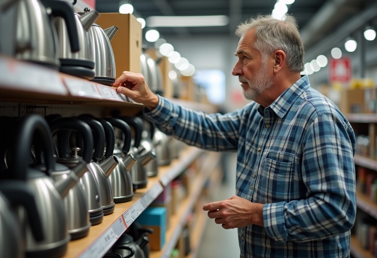 Homme vérifie une bouilloire dans un magasin d