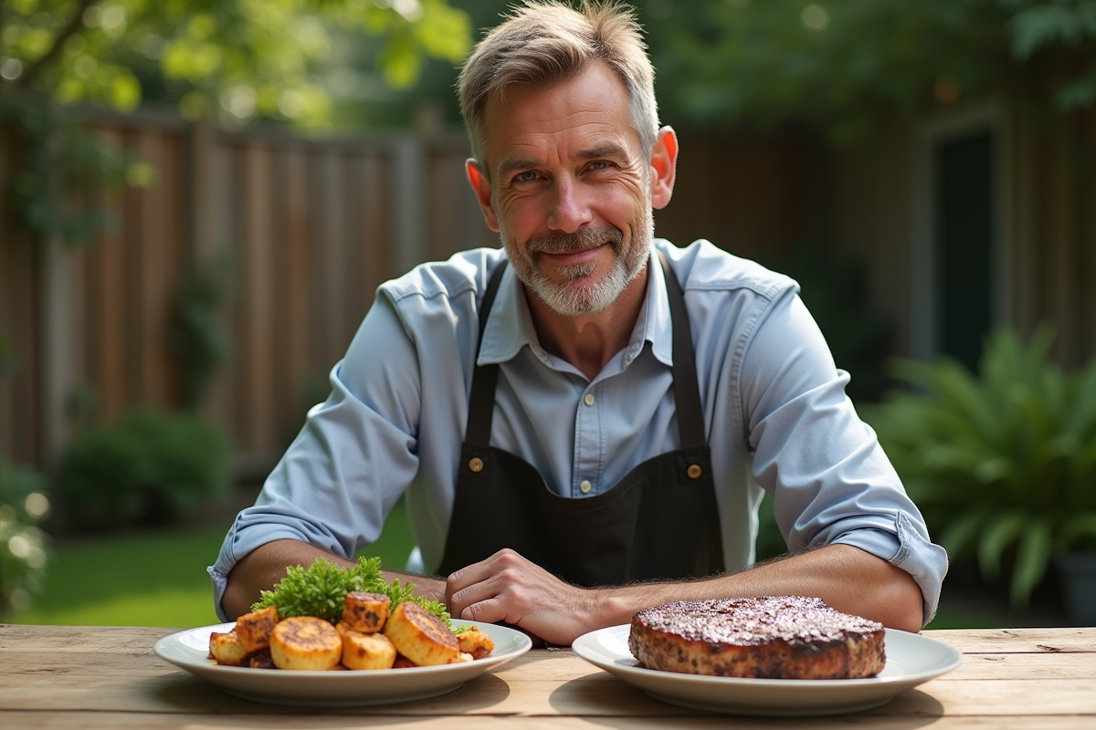 Homme dans le jardin avec plat de protéines végétales