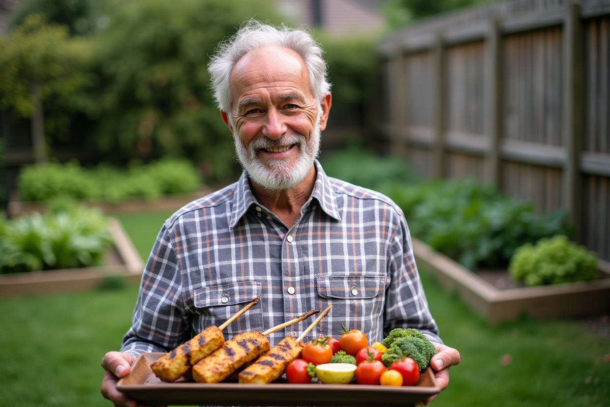 Homme âgé tenant un plat de légumes grillés dans son jardin