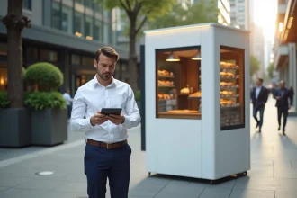 Homme d'affaires devant un kiosque à pizza moderne en extérieur