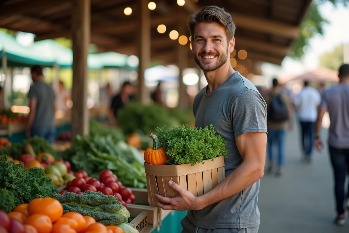 Jeune homme au marché avec panier de légumes frais et verts