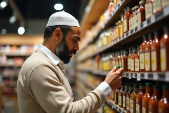 Homme musulman examine des bouteilles de vinaigre en supermarche
