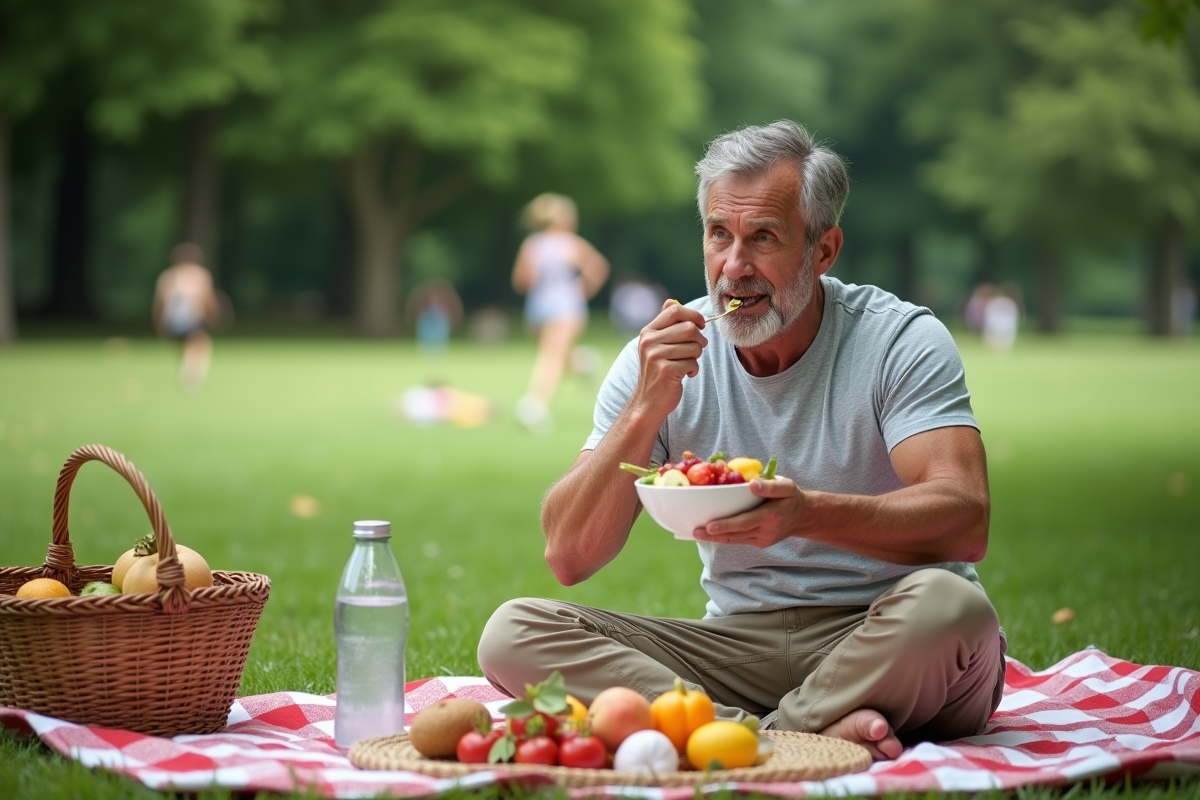 Homme dégustant une salade de fruits en plein air dans un parc