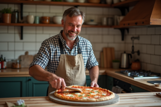 Homme en tablier checke et souriant préparant une pizza