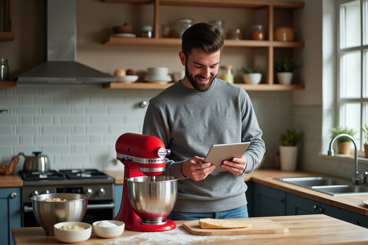 Jeune homme étudiant une recette avec un mixeur en cuisine