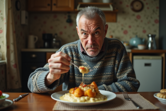 Homme d'âge moyen avec expression hésitante devant un plat étrange