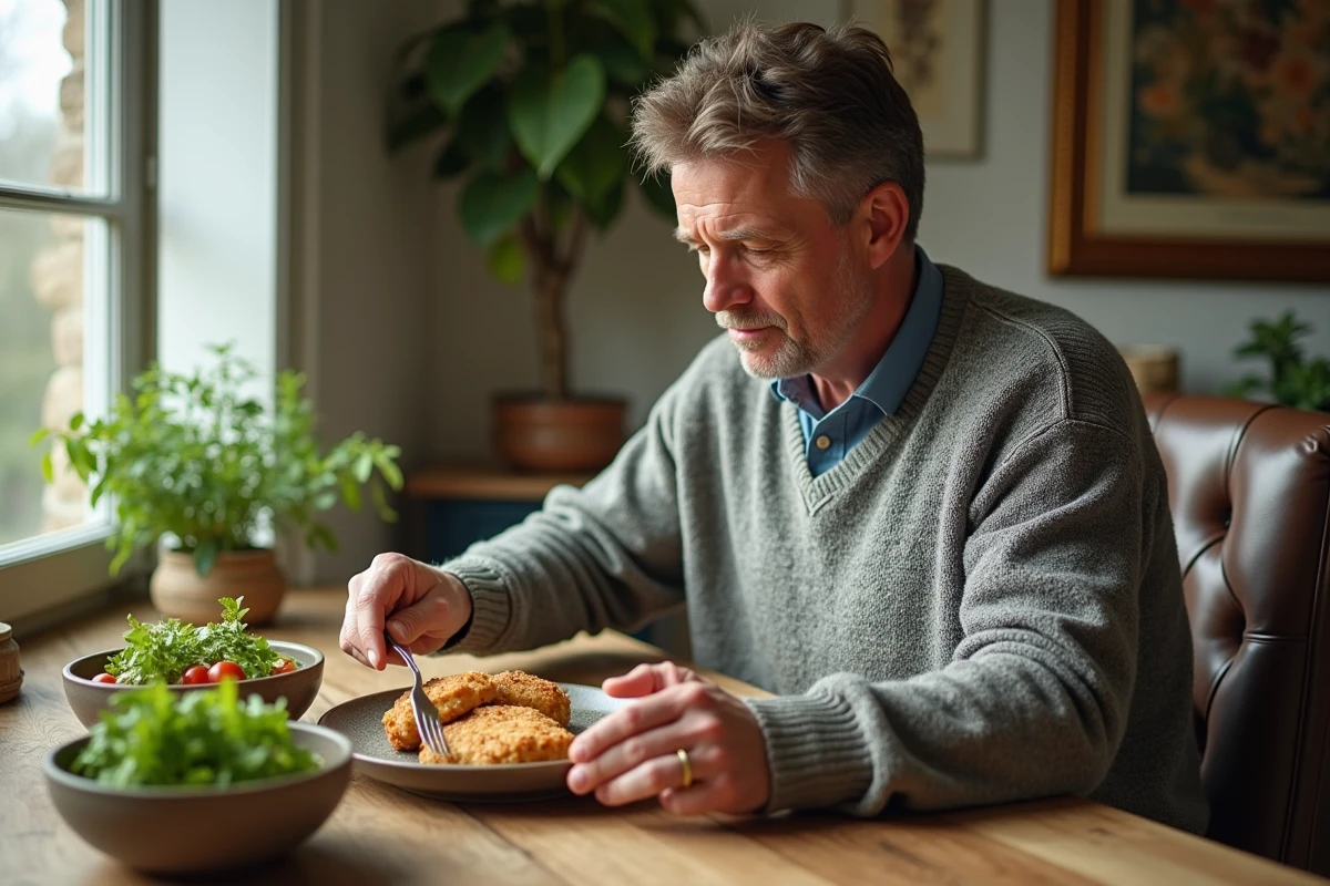 Homme mangeant un plat de paupiettes dans une salle lumineuse