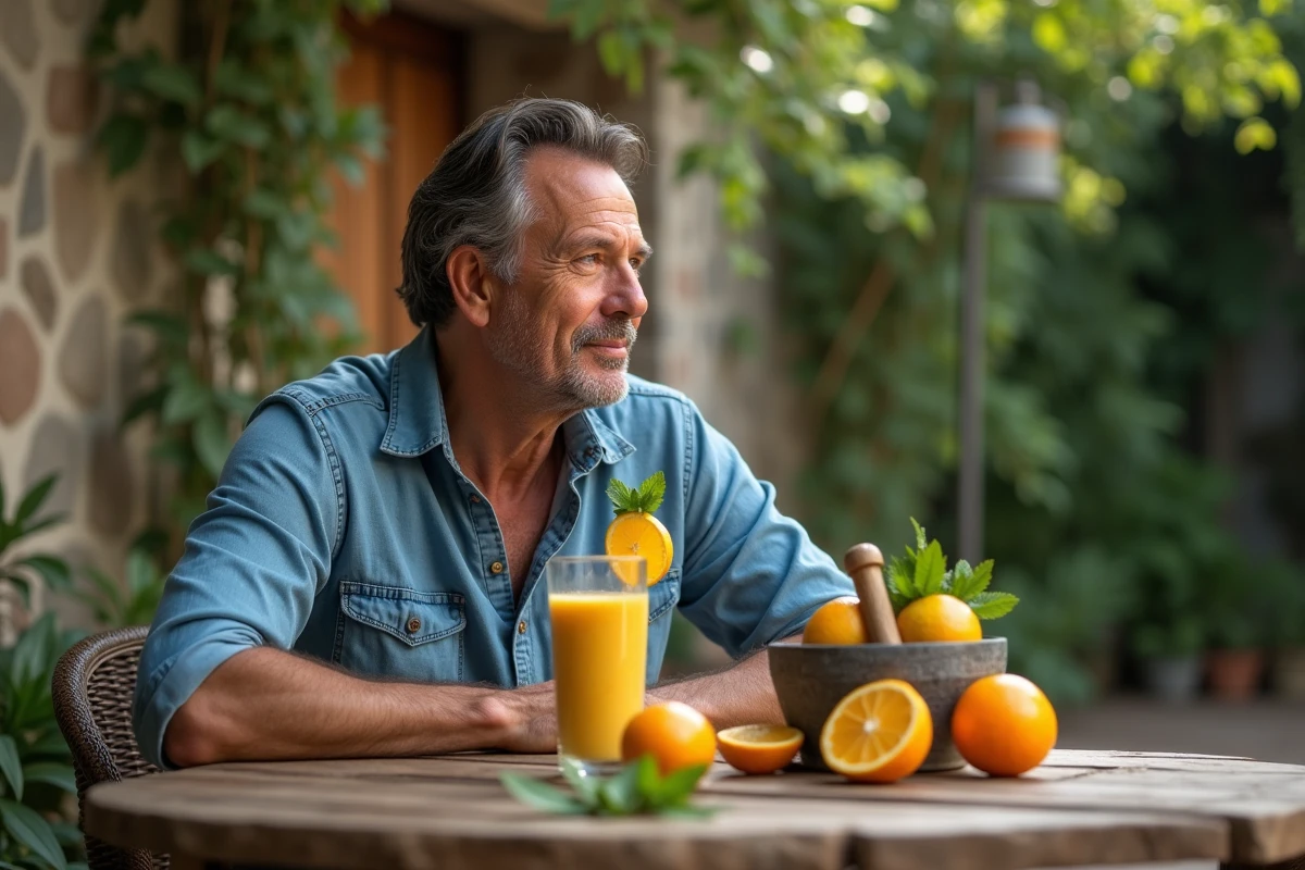 Homme dégustant un smoothie kaki dans un jardin en extérieur