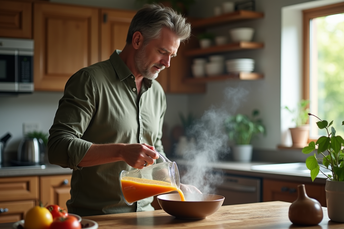 Homme versant une soupe de légumes dans un bol en cuisine