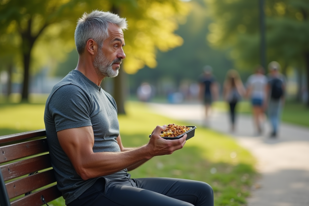 Homme sportif mangeant dans un parc urbain en plein air