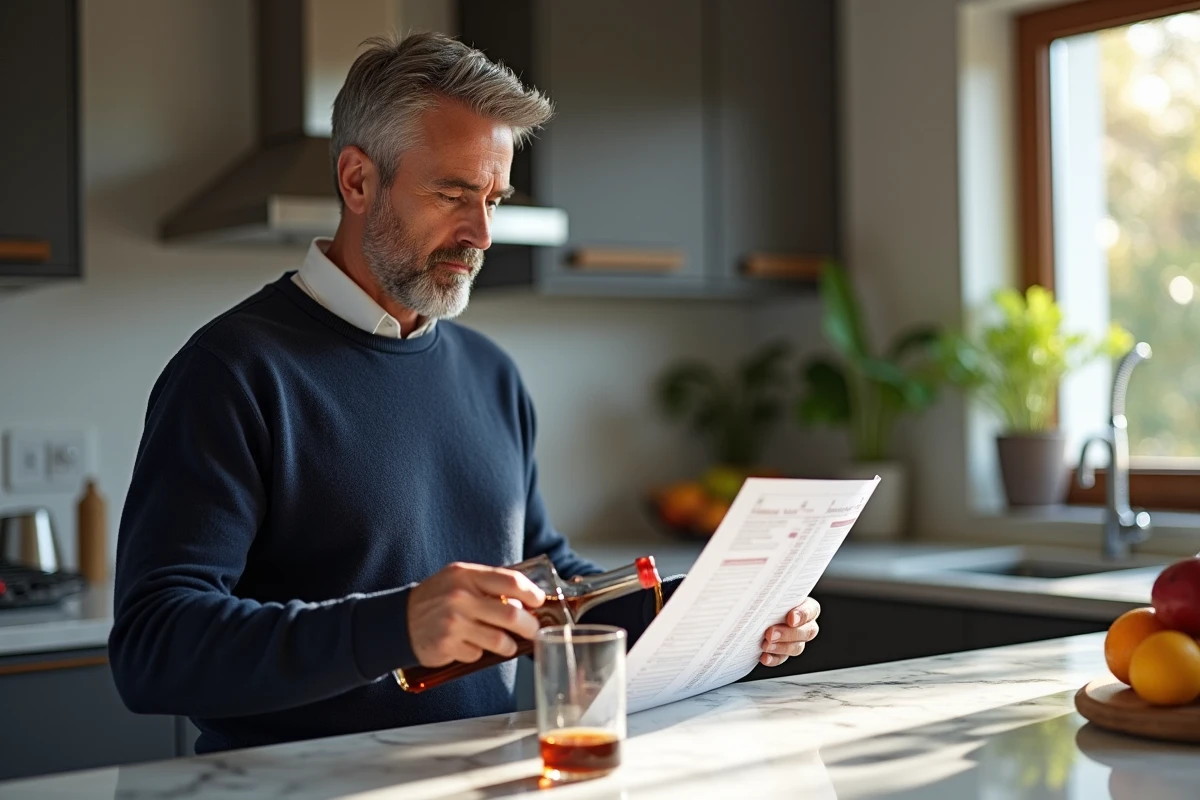 Homme en pull consulte un tableau de conversion en cuisine