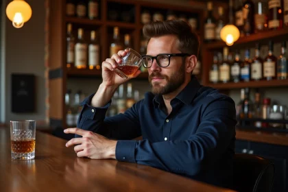 Homme contemplant un whisky dans un bar à Bordeaux