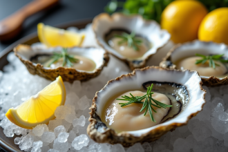 Huitres fraîches sur glace avec citron et algues