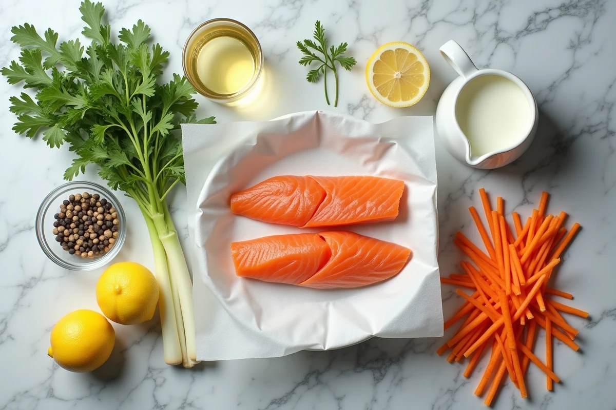 Ingrédients pour filet de julienne à la crème et au vin blanc disposés en flat lay sur marbre avec légumes julienne et herbes