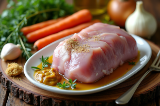 Ingrédients frais pour plat de lapin à la moutarde sur une table en bois