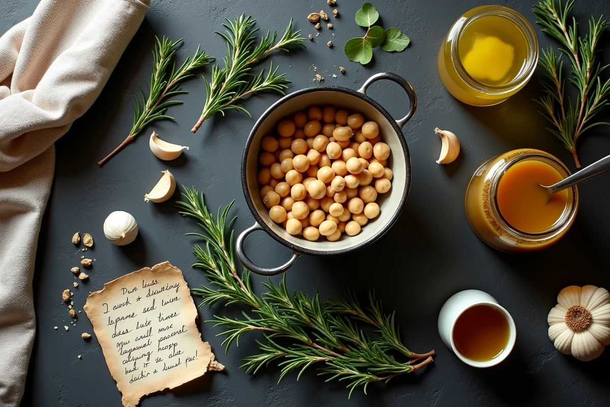 Vue de dessus des ingrédients préparés la veille pour accompagner un confit de canard gastronomique : haricots, graisse de canard et herbes aromatiques