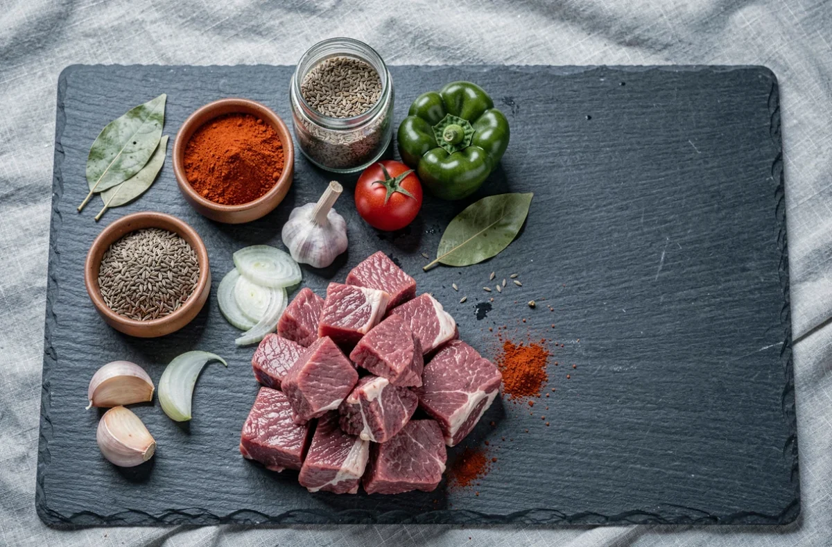 Ingrédients frais pour la recette du goulash hongrois disposés sur une ardoise : bœuf, paprika, oignons, ail et épices traditionnelles