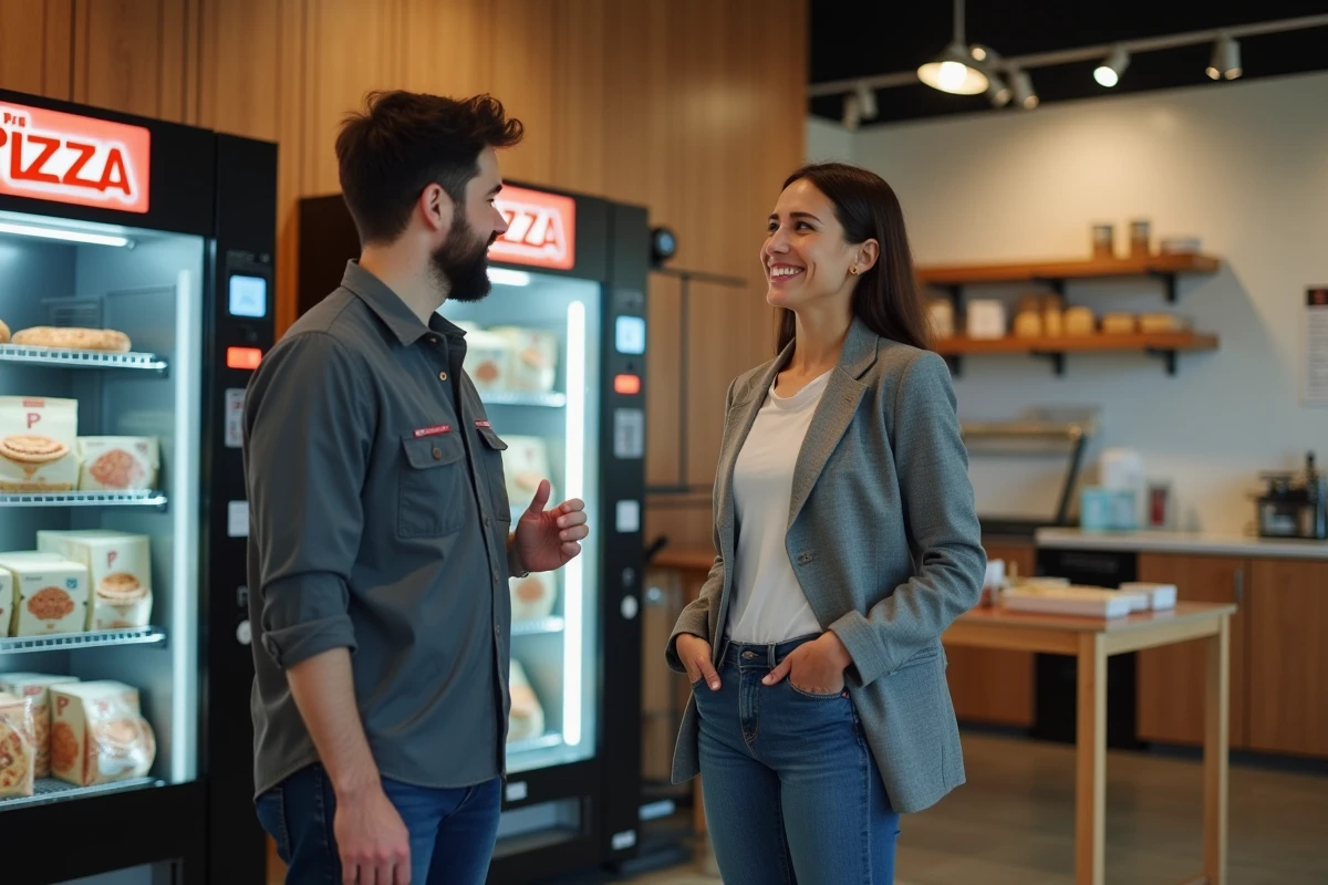 Femme installant un équipement de pizza dans un intérieur propre