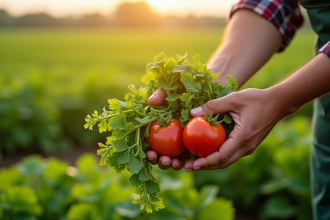 Mains de fermier tenant des légumes bio dans un champ ensoleille