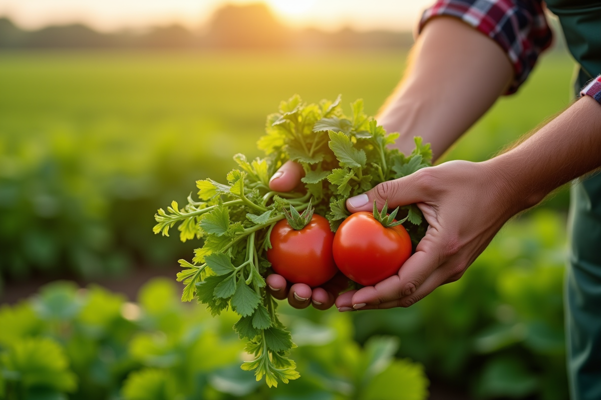 Mains de fermier tenant des légumes bio dans un champ ensoleille