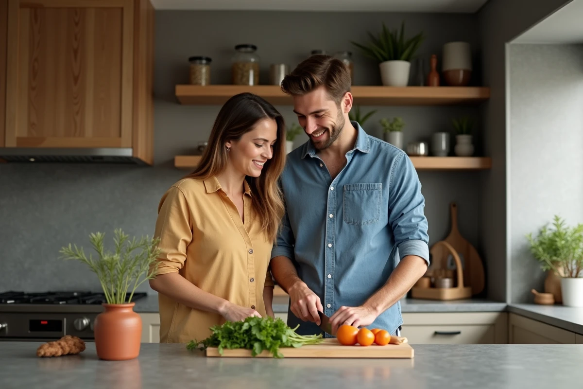Jeune couple partageant un moment cuisine convivial