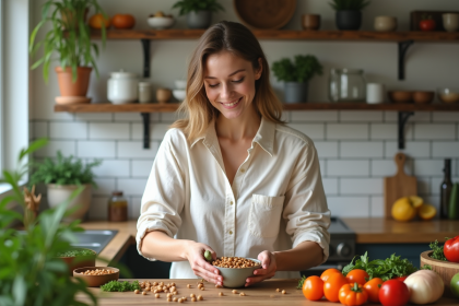 Jeune femme souriante prépare des legumes dans une cuisine lumineuse