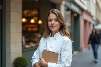 Jeune femme en veste de chef devant une patisserie française